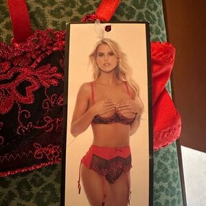 Red and Black Lace Lingerie under boob bra top burlesque pole dancer